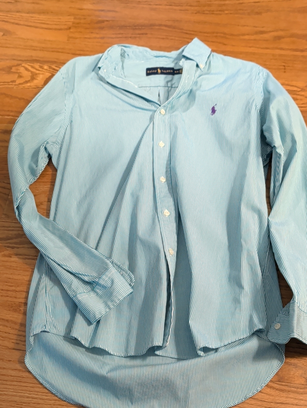 Ralph Lauren Light Blue Pinstripe Button-Down Shirt with Purple Logo